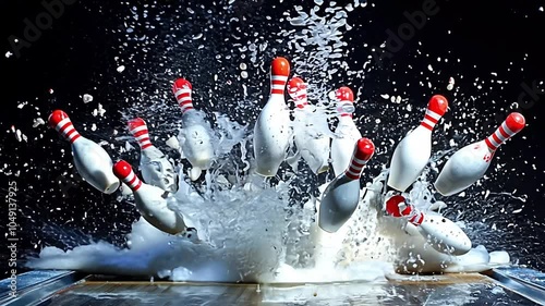 Bowling ball hits pins, creating a dynamic explosion of motion and particles.