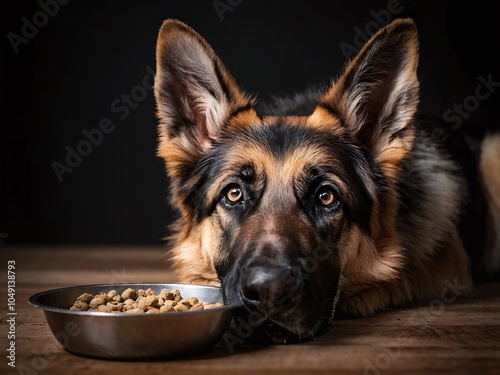 German Shepherd resting with food bowl indoors, showcasing its deep gaze and attentive demeanor during mealtime