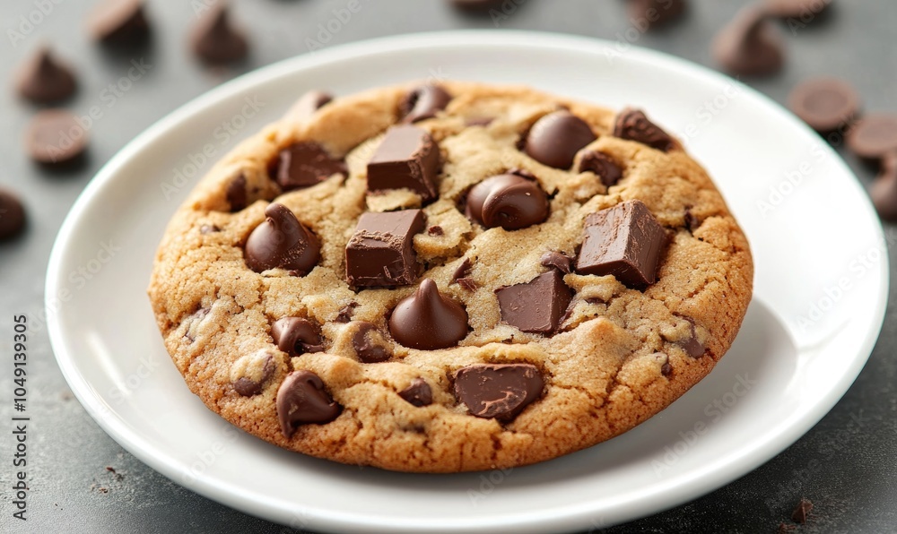 A chocolate chip cookie sits on a white plate A chocolate chip cookie sits on a white plate