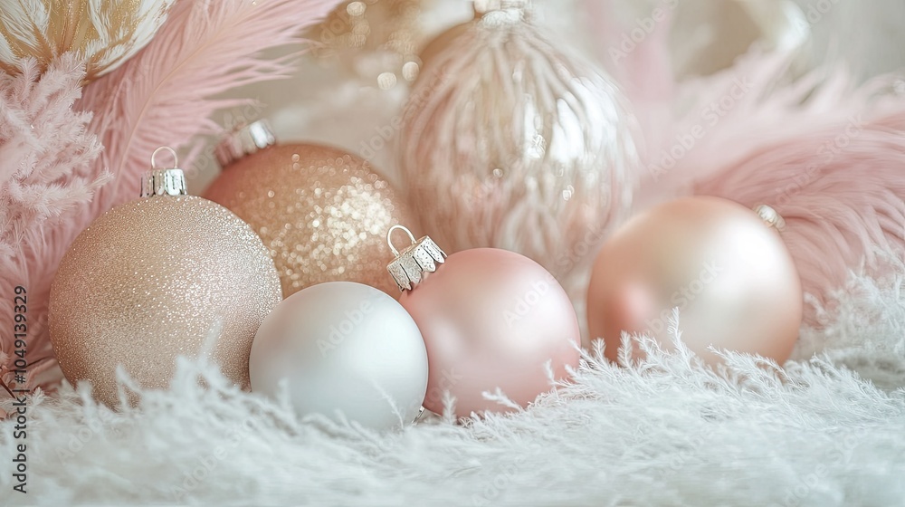 A soft pastel pink and gold Christmas setting with elegant ornaments and ostrich feathers, offering copy space for seasonal messages.
