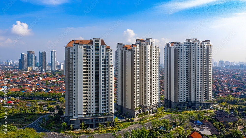 Obraz premium Surabaya, Indonesia - September 04 2024 : High-rise apartments line the expansive cityscape on a sunny day, showcasing modern architecture amidst clear blue skies and green surroundings. generative ai