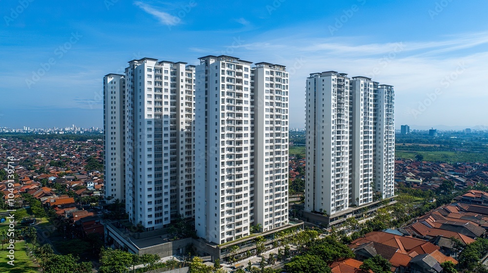 Obraz premium Surabaya, Indonesia - September 04 2024 : High-rise apartments line the expansive cityscape on a sunny day, showcasing modern architecture amidst clear blue skies and green surroundings. generative ai