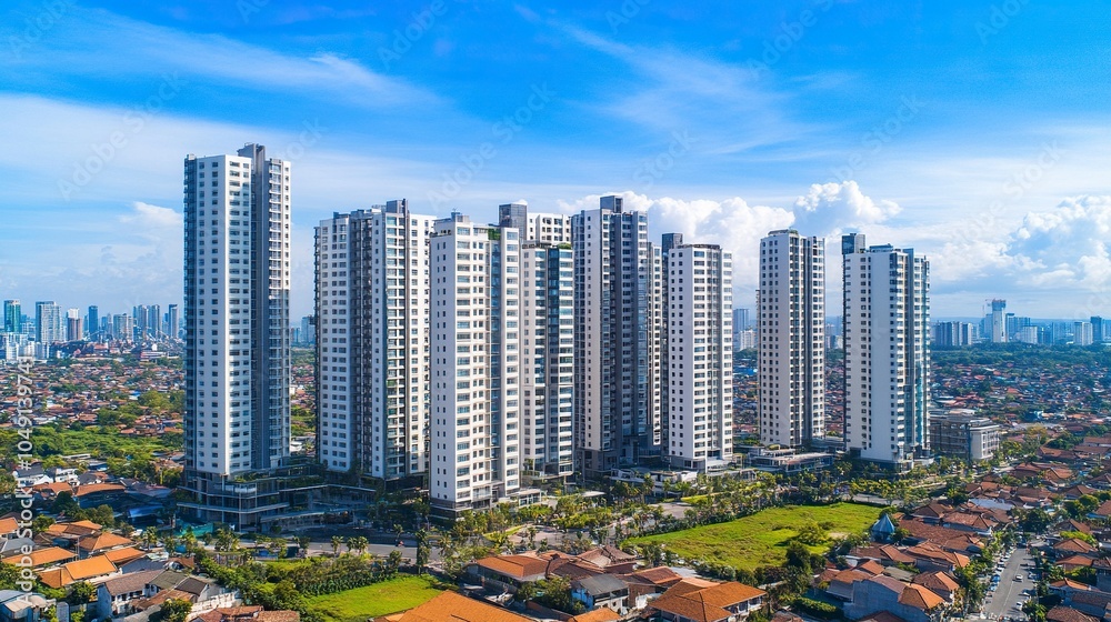 Obraz premium Surabaya, Indonesia - September 04 2024 : High-rise apartments line the expansive cityscape on a sunny day, showcasing modern architecture amidst clear blue skies and green surroundings. generative ai