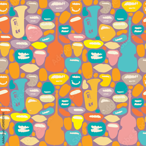 Seamless pattern with colored lips that smile and show tongue and white teeth and double bass with trumpet. Bright vector background with laughing, surprised, excited, angry, singing