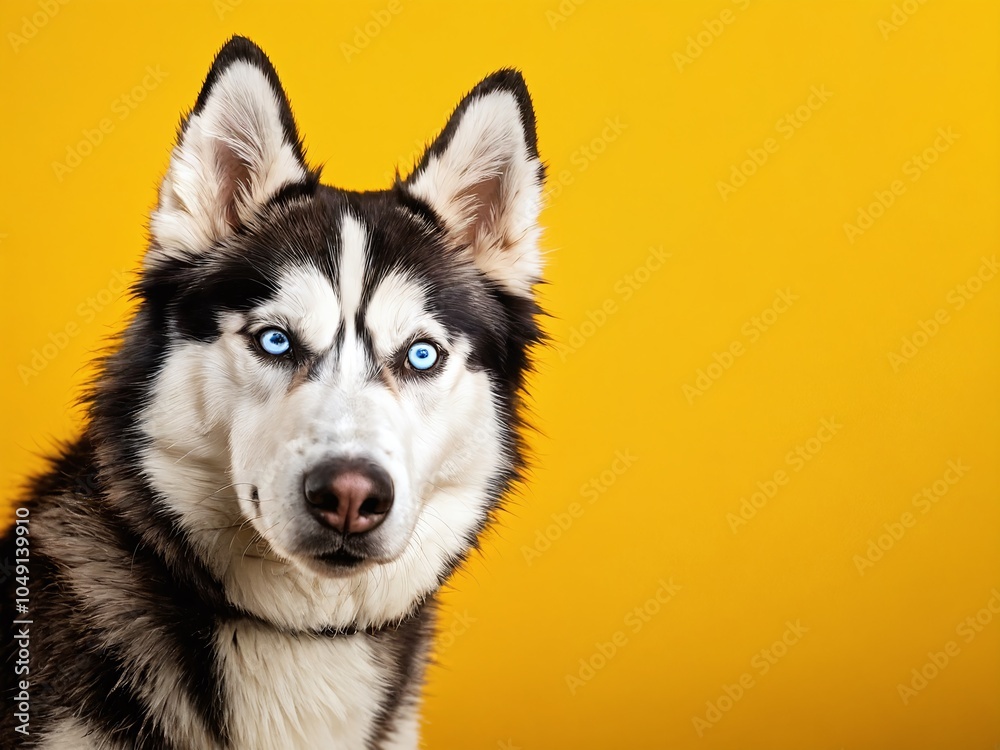Fototapeta premium Siberian Husky with striking blue eyes poses against a bright yellow background