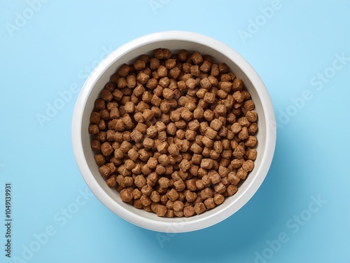 Pet food bowl filled with dry kibble against a light blue background, showcasing a healthy meal option for furry companions