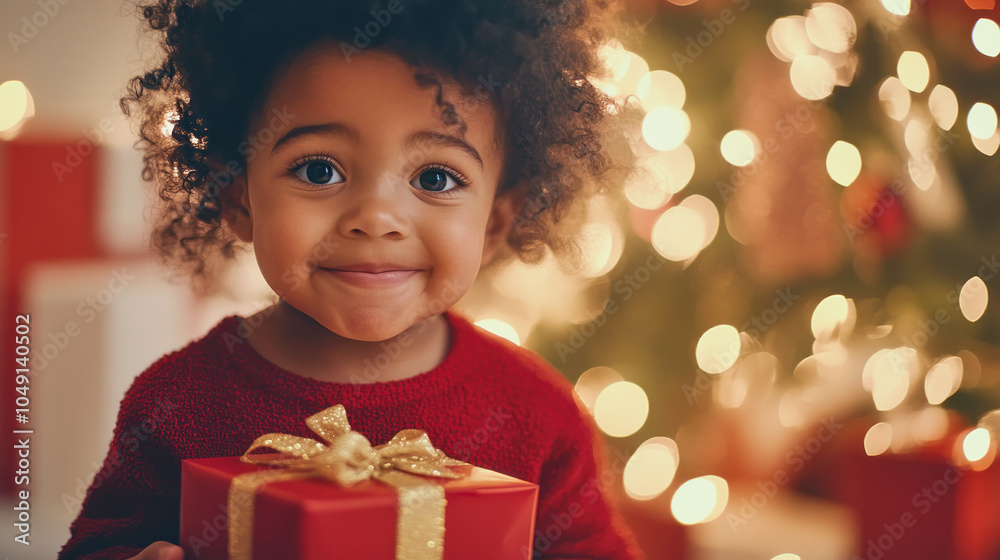 A cheerful toddler holds a red present while smiling in front of a beautifully decorated Christmas tree during the festive season A cheerful toddler holds a red present while smiling in front of a beautifully decorated Christmas tree during the festive season