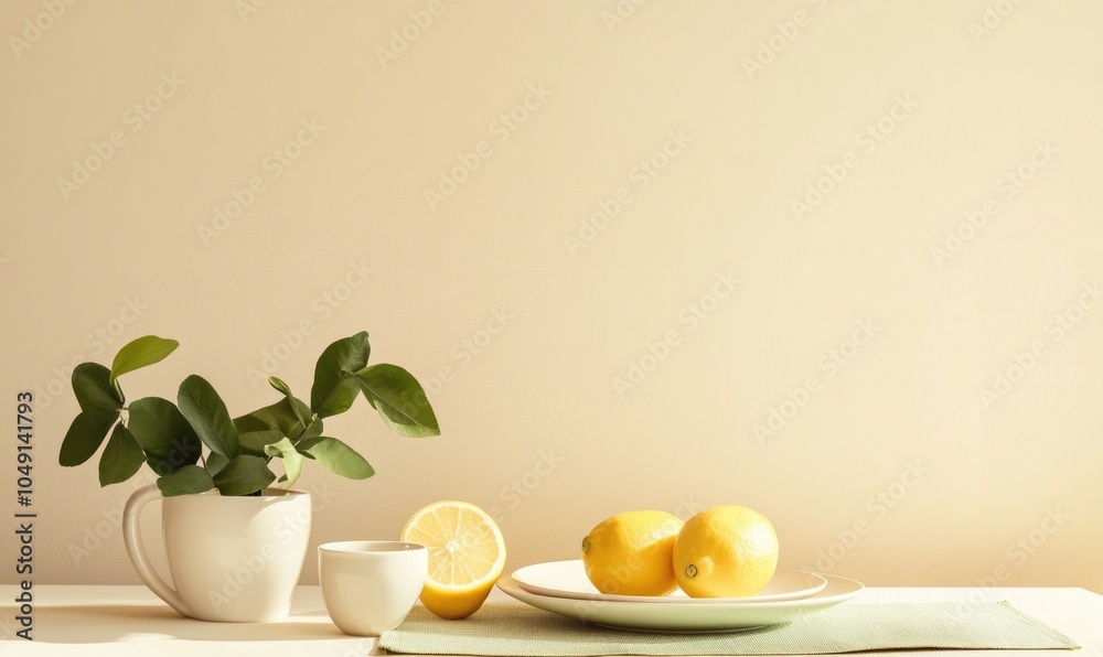 A white plate with two lemons and a cup of tea sits on a table A white plate with two lemons and a cup of tea sits on a table