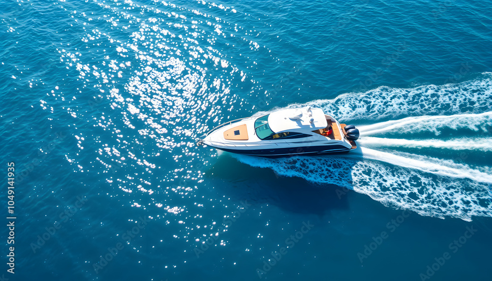Naklejka premium Vacation and leisure. Aerial view on fast boat on blue sea at sunny day. Fast ship on the sea surface. Seascape from the drone. Seascape from air. Seascape with motorboat isolated with white highlig