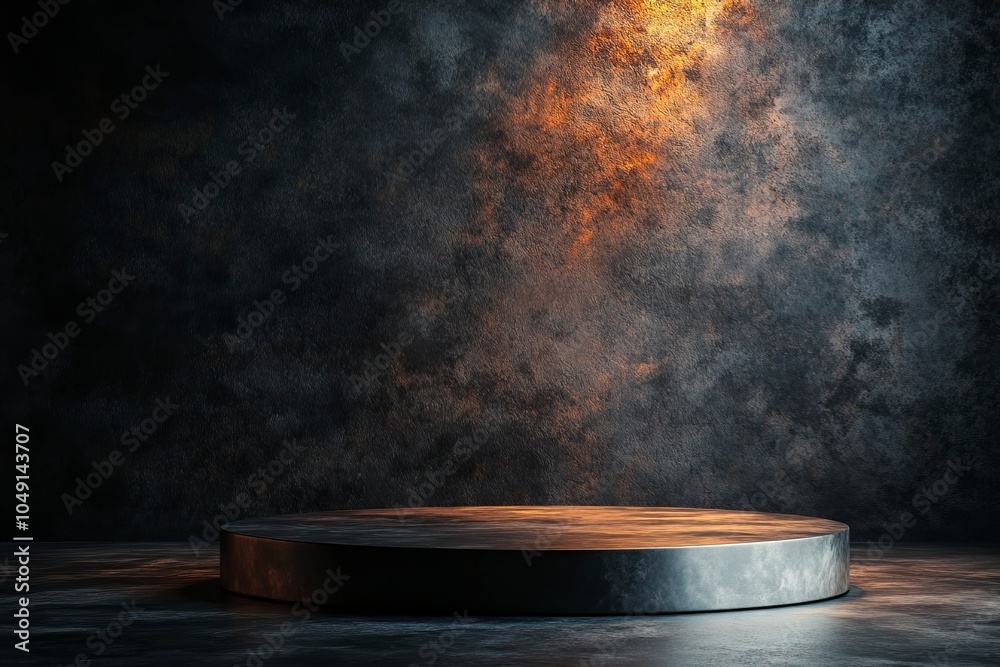 Table with product stand and abstract light on dark wall. Background for products, cosmetics, food, jewelry. Front view. Mockup. generative ai Table with product stand and abstract light on dark wall. Background for products, cosmetics, food, jewelry. Front view. Mockup. generative ai