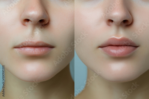 Before and after lip filler injections. Lip augmentation close-up. Plastic surgery.	