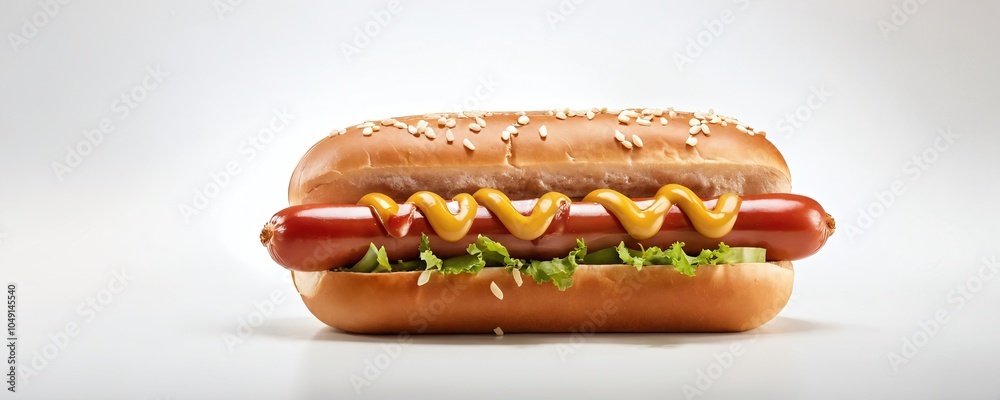 Classic hot dog with mustard and fresh lettuce in a toasted sesame bun on a clean, light background Classic hot dog with mustard and fresh lettuce in a toasted sesame bun on a clean, light background