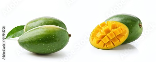 Fresh green mangoes with one cut open to reveal juicy yellow flesh and cubed texture against a simple background