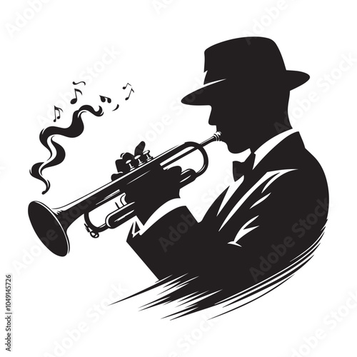 Jazz Musician with Trumpet silhouette  vector  black color white background 
