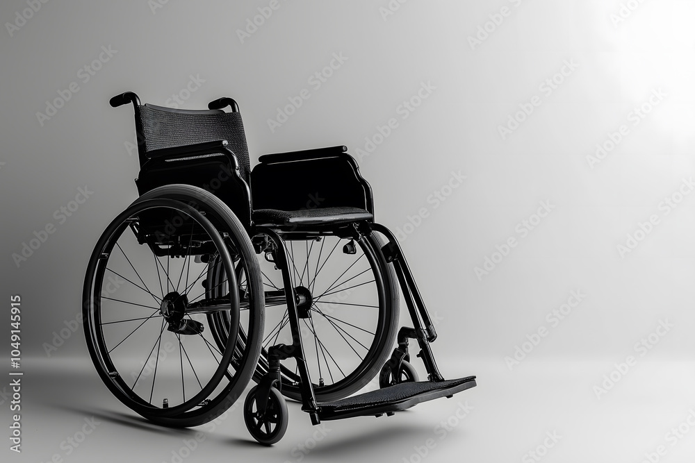 Manual wheelchair in a minimalist setting, symbolizing mobility and accessibility in a modern context Manual wheelchair in a minimalist setting, symbolizing mobility and accessibility in a modern context