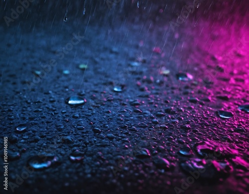 Rain droplets shimmer on a dark surface illuminated by colorful lights during a nighttime downpour in an urban setting photo