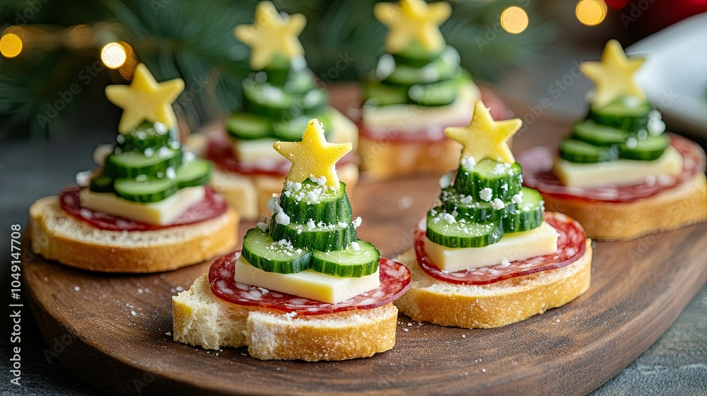 Christmas tree canap crafted with salami, cheese, and cucumbers, set on a baguette with room for copy, creating a festive appetizer spread. Christmas tree canap crafted with salami, cheese, and cucumbers, set on a baguette with room for copy, creating a festive appetizer spread.