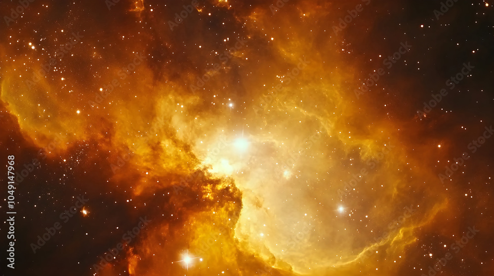 Expanding orange and yellow nebula with stars burning brightly within Expanding orange and yellow nebula with stars burning brightly within