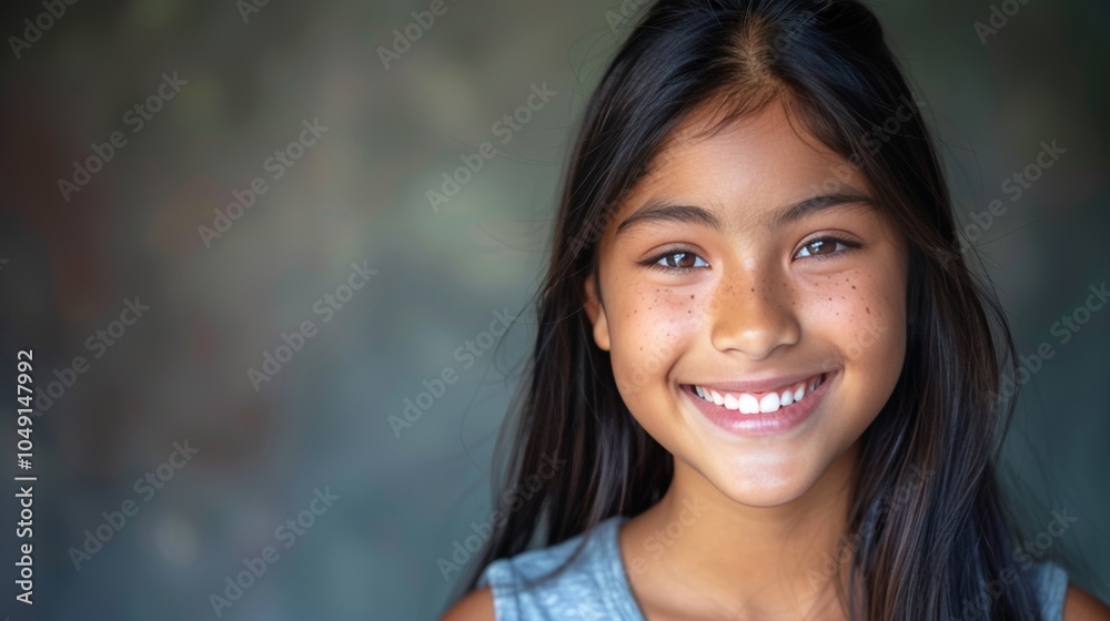 A cheerful young girl with long, dark hair smiles widely, revealing her happiness. Her warm expression adds joy to the textured backdrop, showcasing her vibrant persona and youthful energy. Copy space A cheerful young girl with long, dark hair smiles widely, revealing her happiness. Her warm expression adds joy to the textured backdrop, showcasing her vibrant persona and youthful energy. Copy space