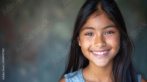 A cheerful young girl with long, dark hair smiles widely, revealing her happiness. Her warm expression adds joy to the textured backdrop, showcasing her vibrant persona and youthful energy. Copy space