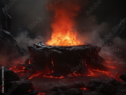 A molten lava pit surrounded by rocky terrain emits flames and smoke in a dark volcanic landscape