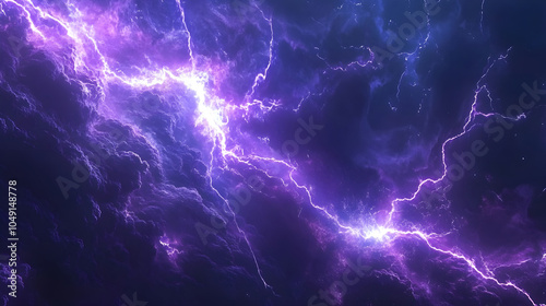 A celestial storm with electric purple lightning in a dark blue universe