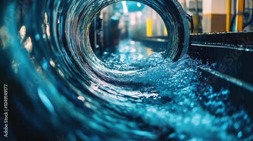 Close-up of swirling water inside a pipe, paired with vibrant machinery, creating an atmosphere of industrial innovation with copy space.