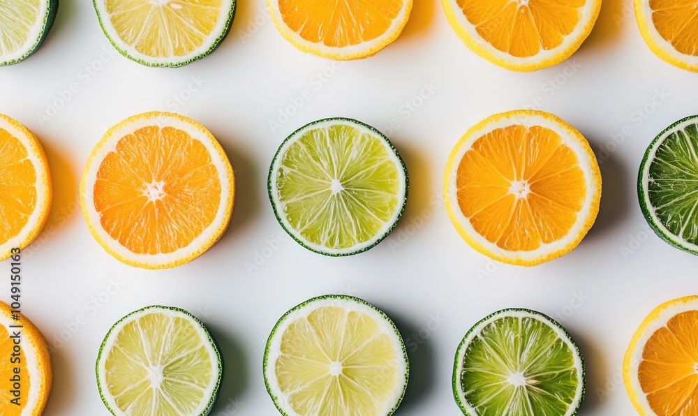 Fototapeta premium A row of oranges and limes are sliced in half and arranged in a pattern