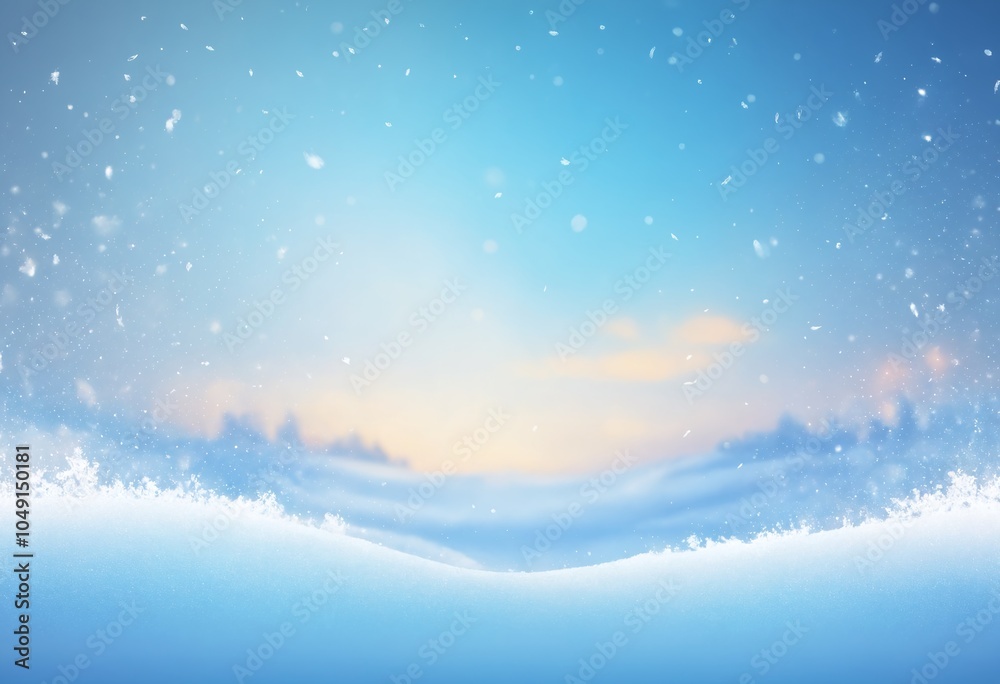 A serene winter landscape with falling snow and a soft blue sky just before sunset