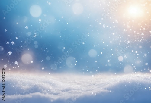 Gentle snowflakes fall softly on a serene winter landscape illuminated by the warm glow of a setting sun