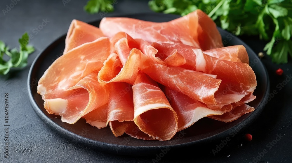 Elegant presentation of Jam Serrano or prosciutto di Parma slices on a black plate, offering ample room for copy or design. Elegant presentation of Jam Serrano or prosciutto di Parma slices on a black plate, offering ample room for copy or design.