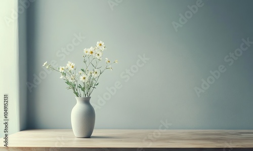 A vase of white flowers sits on a wooden table