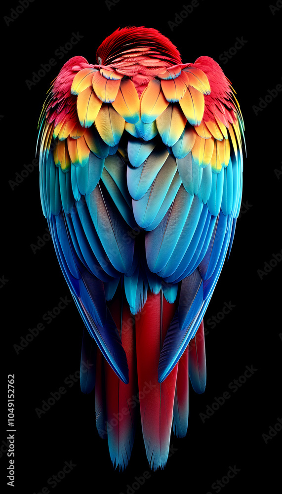 Obraz premium A close-up view of a parrots wings showcases stunning, vibrant feathers in shades of red, blue, and yellow, emphasizing the intricate patterns and textures against a dark backdrop.