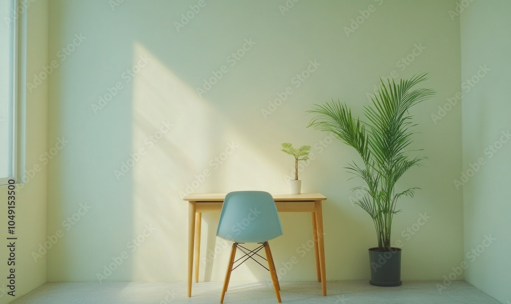 A white chair sits in front of a desk with a potted plant