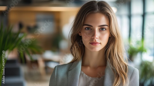 Confident Young Woman in Professional Attire in Modern Office Setting