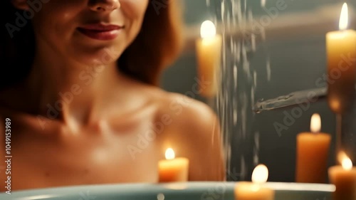 Smiling woman sea room water bathtub candles salting Closeup lady pouring salt hygiene spa beauty candle skincare home bathroom evening care skin relaxed bubble foamy treatment cosmetology resting ni
