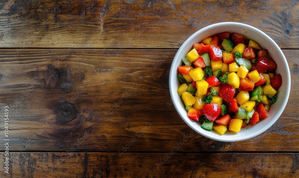 A bowl of fruit salad sits on a wooden table A bowl of fruit salad sits on a wooden table