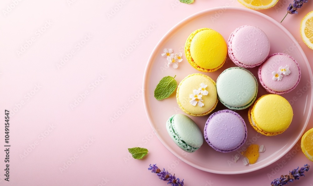 A plate of colorful macarons with a pink background A plate of colorful macarons with a pink background