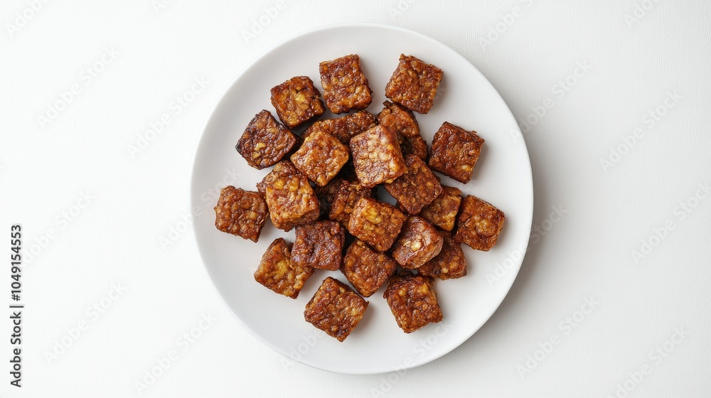 Fried tempeh served on a white plate, ideal for showcasing Indonesian food with clean, ample space for copy or branding. Fried tempeh served on a white plate, ideal for showcasing Indonesian food with clean, ample space for copy or branding.