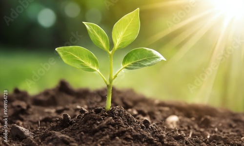 A young green plant sprouts from rich soil under bright sunlight in a peaceful outdoor setting during springtime