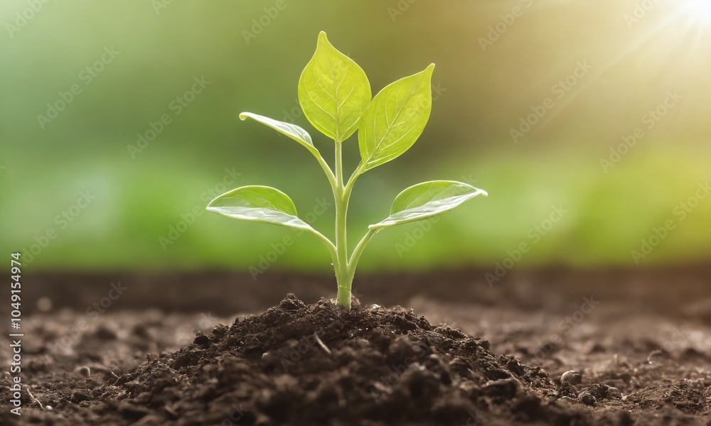 A young green plant emerges from rich soil in a sunlit garden, symbolizing new growth and the promise of spring A young green plant emerges from rich soil in a sunlit garden, symbolizing new growth and the promise of spring