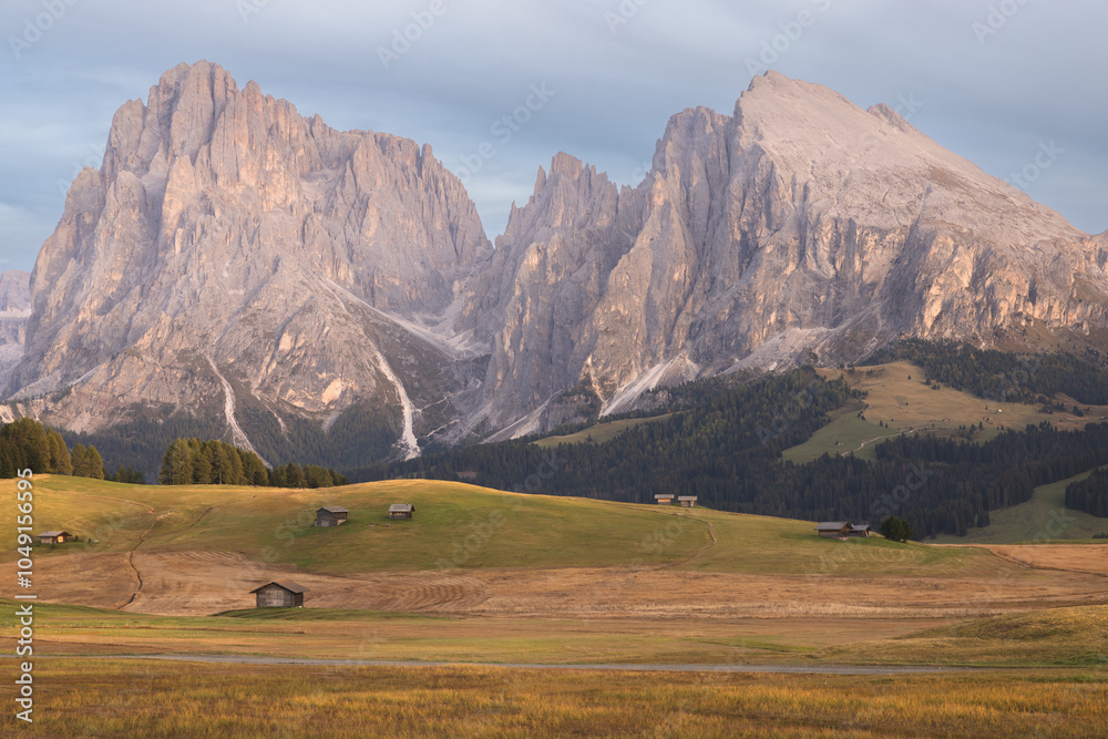 Obraz premium Awe-inspiring view of Alpe di Siusi in the Italian Dolomites, South Tyrol, with rustic huts on alpine grasslands under serene morning light.