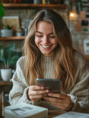 Woman is sitting at a table with a cell phone in her hand. She is smiling and she is happy