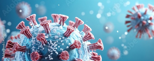 Detailed view of a virus model showcasing spikes and surface structures in a microscopic environment, highlighting scientific research efforts