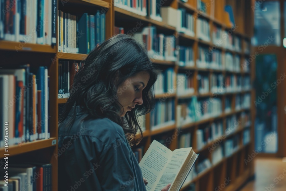Woman is reading a book in a library. The book is open to a page with a picture of a woman on it. The woman is sitting in a corner of the library, surrounded by many books Woman is reading a book in a library. The book is open to a page with a picture of a woman on it. The woman is sitting in a corner of the library, surrounded by many books