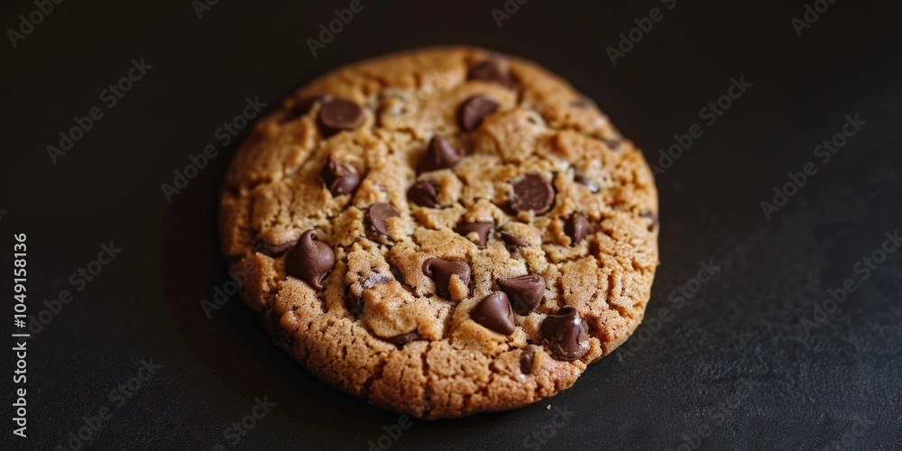 Chocolate chip cookie sits on a black counter. The cookie is covered in chocolate chips and has a slightly crispy texture Chocolate chip cookie sits on a black counter. The cookie is covered in chocolate chips and has a slightly crispy texture