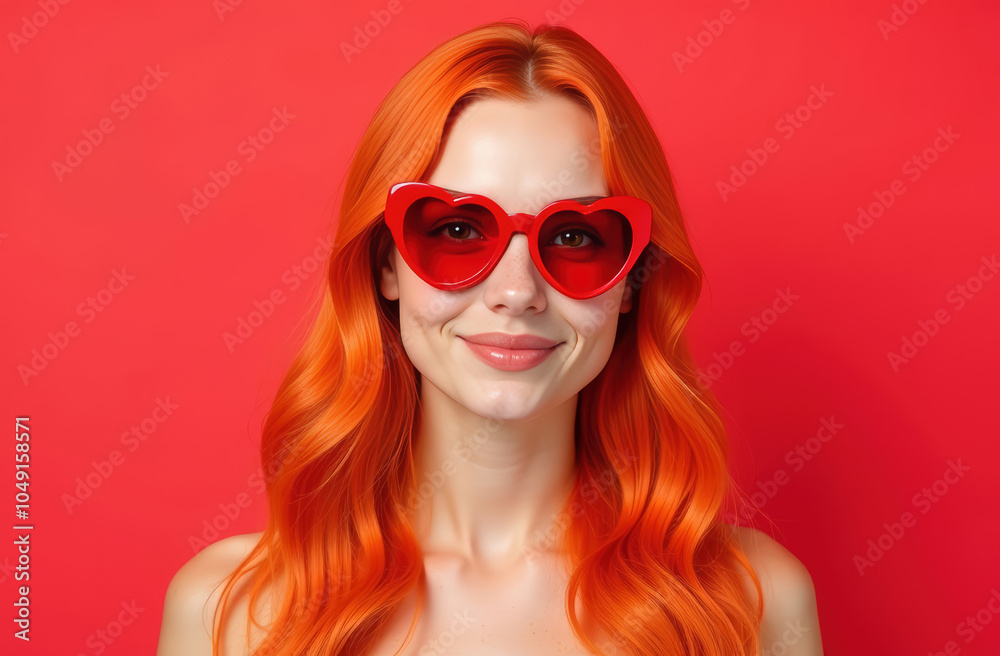Portrait of a young woman with orange hair and heart Sunglasses on a red background. Portrait of a young woman with orange hair and heart Sunglasses on a red background.