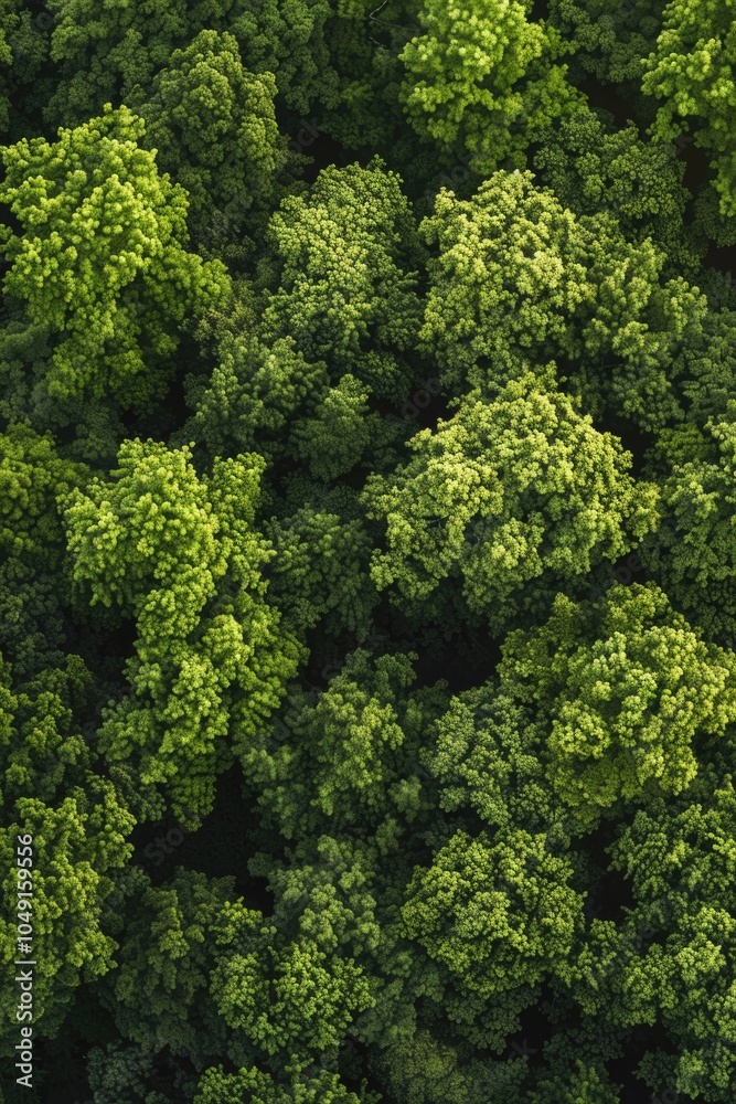 Fototapeta premium Lush green forest with trees of various sizes. The trees are densely packed, creating a sense of depth and a feeling of being surrounded by nature. Concept of tranquility and serenity
