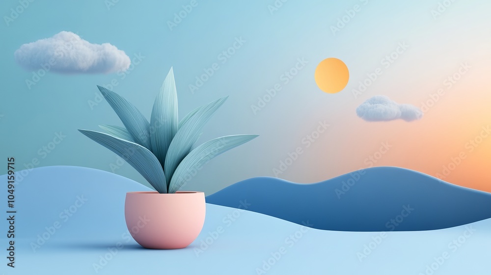 Potted plant on a blue background with a hillside, clouds, and the sun. Modern, minimalist 3D design element. Potted plant on a blue background with a hillside, clouds, and the sun. Modern, minimalist 3D design element.