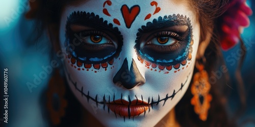 Woman with a white face and red and blue designs painted on it. She has a red heart on her face